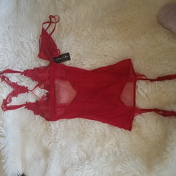 NWT Ooh La La Cheri Red Lace Mesh Gartered Chemise Set - Picture 4 of 8